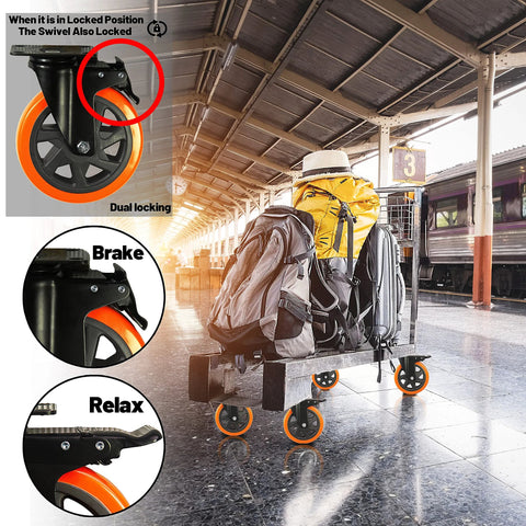 Heavy Duty Swivel Caster Wheels Set Of 4 With 6 Inch Wheels Silent Operation And Double Locking For Workbenches Carts And Furniture Up To 2800 Lbs Total Load Capacity Industrial Grade installed on a luggage cart at a train station