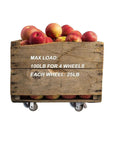 1 Inch Low Profile Swivel Caster Wheels 4 Pack on wooden crate with apples, highlighting 100lb total capacity and 25lb per wheel.