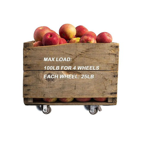1 Inch Low Profile Swivel Caster Wheels 4 Pack on wooden crate with apples, highlighting 100lb total capacity and 25lb per wheel.