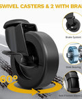Close-up of 360° swivel caster with brake on Heavy Duty Folding Utility Cart With 3 Tier Shelves DWVO 240 Lb Load Capacity