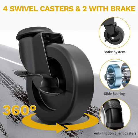 Close-up of 360° swivel caster with brake on Heavy Duty Folding Utility Cart With 3 Tier Shelves DWVO 240 Lb Load Capacity