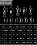 Size chart for Heavy Duty Ball Bearing Swivel Connector Set For Saltwater And Freshwater Fishing 25 Pieces 31 Lb Rating