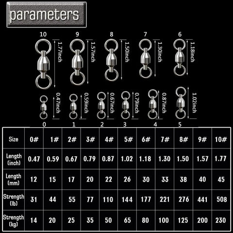 Size chart for Heavy Duty Ball Bearing Swivel Connector Set For Saltwater And Freshwater Fishing 25 Pieces 31 Lb Rating