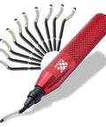 Swivel Head Deburring Tool With Eleven High Speed Steel Blades shown with red aluminum handle for metal, PVC, and 3D printed edges