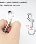 Swivel Eye Bolt Snap Hooks For Pet Leash And Collar Heavy Duty Clips shown with hand holding hook, demonstrating 360-degree rotation.