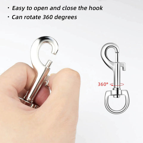 Swivel Eye Bolt Snap Hooks For Pet Leash And Collar Heavy Duty Clips shown with hand holding hook, demonstrating 360-degree rotation.