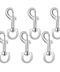Six-pack of swivel eye bolt snap hooks for pet leash and collar, heavy duty clips, zinc alloy, single ended, rust resistant, smooth rotation.