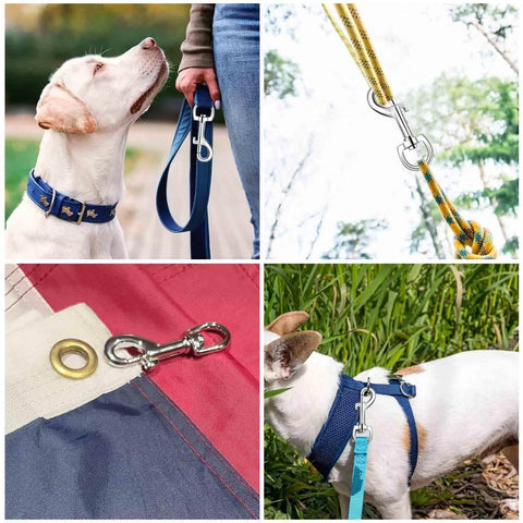 Swivel Eye Bolt Snap Hooks For Pet Leash And Collar Heavy Duty Clips, zinc alloy, shown in use with dog leashes and outdoor gear