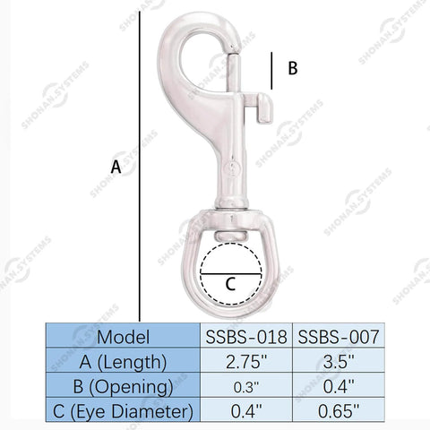 Diagram of a 2.75 Inch Swivel Eye Snap Hook Set Of 2 Marine Grade 316 Stainless Steel Scuba Bolt Snap with dimensions and model details.