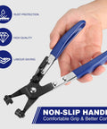 Hose Clamp Pliers With Swivel Flat Band For Easy Removal And Installation Of Spring Hose Clamps In Automotive Fuel Oil And Water Hoses Flexible Jaws Rotating Tip For Narrow Space Access One Point Nine Seven Inch Opening Labor Saving Tool with blue non-slip handle