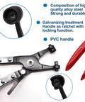 Close-up of swivel flat clamp plier from 120 Piece Hose Clamp Kit With 7 To 22 Millimeter Black Spring Band Clamps, ratchet locking handle visible.