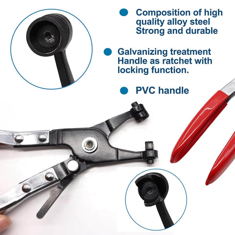 Close-up of swivel flat clamp plier from 120 Piece Hose Clamp Kit With 7 To 22 Millimeter Black Spring Band Clamps, ratchet locking handle visible.
