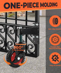 Six Inch Gate Wheels With Brake For Metal Swing Tube Gates And Wooden Fence Gates, Spring Loaded Vertical Spring For Height Compensation, 360 Degree Swivel With Smooth Rotation, Supports Up To 500 Lbs installed on black metal gate