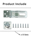 Image showing components of the Three And One Half Inch Swivel Safety Hasp Latch With Twist Knob, 360 Degree Rotation, Lockable For Fence Gates And Cabin Doors, Carbon Steel With Blue And White Zinc Plating For Durability, Easy To Install, 8 Pack including the latch, twist knob, and screws.