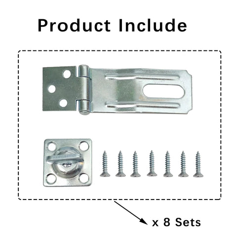 Image showing components of the Three And One Half Inch Swivel Safety Hasp Latch With Twist Knob, 360 Degree Rotation, Lockable For Fence Gates And Cabin Doors, Carbon Steel With Blue And White Zinc Plating For Durability, Easy To Install, 8 Pack including the latch, twist knob, and screws.