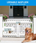 Front gate with 3-1/2 Inch Swivel Staple Safety Hasp and padlock shown, dog sitting nearby, enhancing home security.