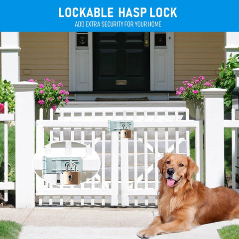 Front gate with 3-1/2 Inch Swivel Staple Safety Hasp and padlock shown, dog sitting nearby, enhancing home security.