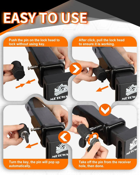 Swivel Head Trailer Hitch Lock Pin Stainless Steel One Half Inch Pin With Five Eighths Inch Adapter And Two And Three Quarters Inch Length Fits Two Inch Receiver shown in use on trailer hitch.