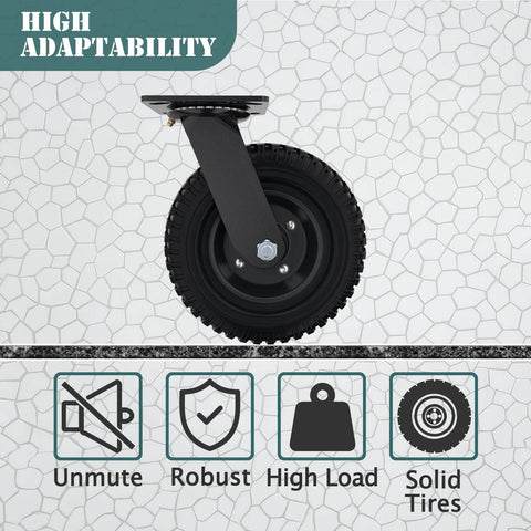 Swivel heavy duty caster wheel, 8 inch*2, 1000lb capacity, black rim, solid rubber, cast iron, outdoor, flat free