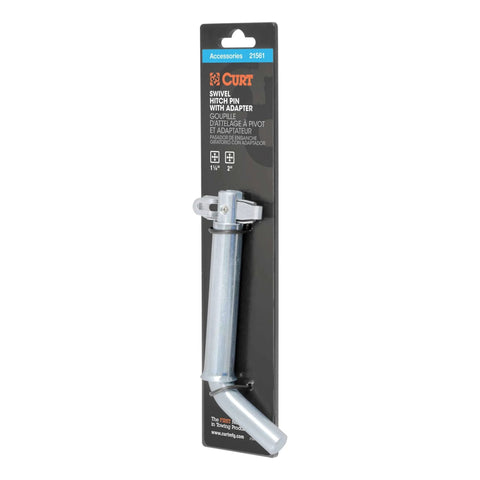 Product packaging of Swivel Trailer Hitch Pin With Integrated Clip One Half Inch Diameter With Five Eighths Inch Adapter Fits One And One Quarter Inch Or Two Inch Receiver Hitches Clear Zinc Finish No Clip Needed Built Tough And Durable Easy To Install And Use.