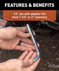 Swivel Trailer Hitch Pin With Integrated Clip One Half Inch Diameter With Five Eighths Inch Adapter in hand near receiver
