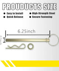 Swivel Hitch Pin 1/2 X 6-1/4 Inch Replacement For Power Max Snowblowers Home Farm And Automotive Use Rust Resistant Durable Black Metal Pin With Easy Install And Quick Release No Brainer. Product viewed from the side with measurements and components visible.