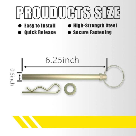 Swivel Hitch Pin 1/2 X 6-1/4 Inch Replacement For Power Max Snowblowers Home Farm And Automotive Use Rust Resistant Durable Black Metal Pin With Easy Install And Quick Release No Brainer. Product viewed from the side with measurements and components visible.