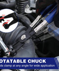 Hose Clamp Pliers With Swivel Flat Band For Easy Removal And Installation Of Spring Hose Clamps In Automotive Fuel Oil And Water Hoses Flexible Jaws Rotating Tip For Narrow Space Access One Point Nine Seven Inch Opening Labor Saving Tool in use on an engine part.