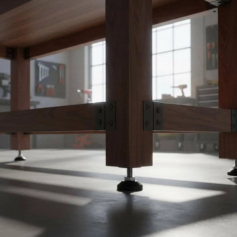 Achieve precise, wobble-free stability with this 4-pack of screw-on swivel leveling feet under a workbench.
