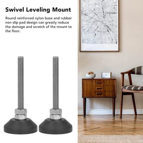 Achieve precise, wobble-free stability with this 4-pack of screw-on swivel leveling feet, featuring a 50mm adjustable height and M6 thread, plus durable nylon pads for cabinets, shelves, and equipment displayed near a cabinet.