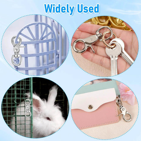 30 Pack Trigger Snap Hooks With Swivel Lobster Clasps Heavy Duty Zinc Alloy Lanyard Clips shown in various applications, including pet cage, keychain, and bag usage.