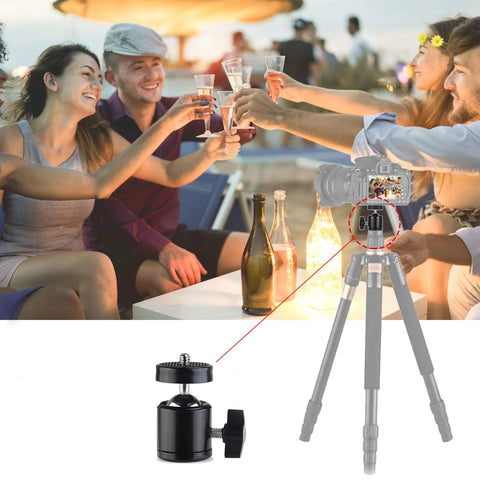 Universal 1/4 Inch Swivel Mini Ball Head Mount With Hot Shoe Adapter on tripod near group celebrating with drinks