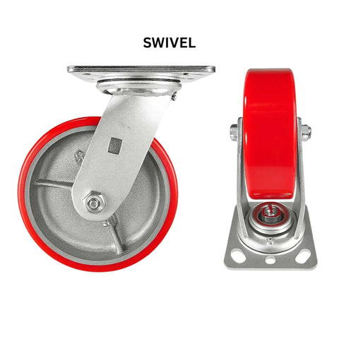 Side and front view of Heavy Duty Caster Wheels with Polyurethane on Cast Iron, Industrial Plate Mount Casters, 1000lb per Wheel Capacity