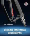 Close-up of Swivel High Pressure Washer Gun With Preinstalled Fittings And Quick Connect Three Eighths Inch Male Plug One Fourth Inch Quick Connector
