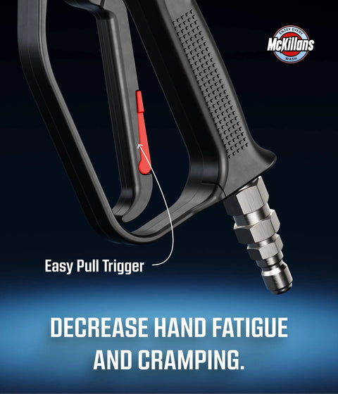 Close-up of Swivel High Pressure Washer Gun With Preinstalled Fittings And Quick Connect Three Eighths Inch Male Plug One Fourth Inch Quick Connector
