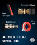 Swivel High Pressure Washer Gun With Preinstalled Fittings And Quick Connect Three Eighths Inch Male Plug One Fourth Inch Quick Connector Foam Cannon Compatible Car Wash Foam Gun For Easy No Kink Hose Work features and design elements, including trigger and swivel mechanism.