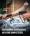 Swivel High Pressure Washer Gun With Preinstalled Fittings And Quick Connect Three Eighths Inch Male Plug One Fourth Inch Quick Connector Foam Cannon Compatible Car Wash Foam Gun For Easy No Kink Hose Work in use, close-up view with focus on preinstalled fittings.