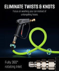 Swivel High Pressure Washer Gun with preinstalled fittings and quick connect, shown with green hose and no kink design.