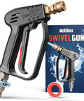 Swivel High Pressure Washer Gun With Preinstalled Fittings And Quick Connect Three Eighths Inch Male Plug One Fourth Inch Quick Connector Foam Cannon Compatible Car Wash Foam Gun For Easy No Kink Hose Work, product box, tape
