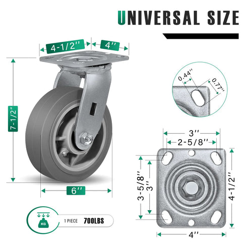 Heavy Duty Caster Wheels Set Of 4 6x2 Flat Tread Rubber Casters With Up To 2800 Lb Load Capacity, 2 Swivel And 2 Rigid