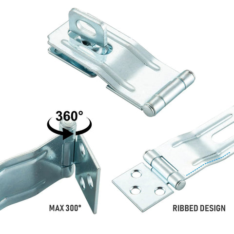 3-1/2 Inch Swivel Staple Safety Hasp with Twist Knob Lock showing zinc plated steel, 360-degree swivel design, adjustable staple close-up