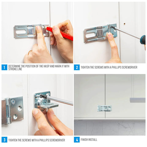 Installation process of 3-1/2 Inch Swivel Staple Safety Hasp With Twist Knob Lock for gate, fence, door, and cabinet applications.