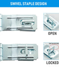 3-1/2 Inch Swivel Staple Safety Hasp With Twist Knob Lock, zinc-plated steel, showing open and locked positions, 4 pack