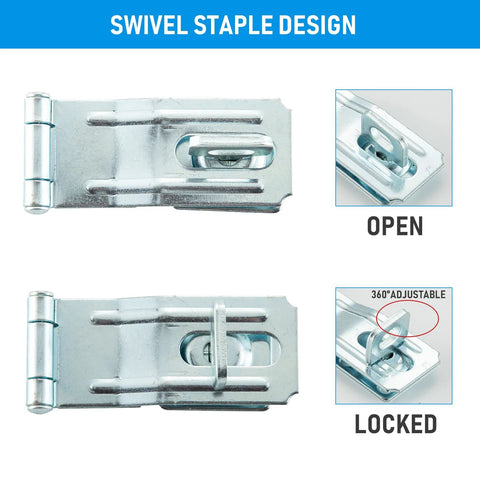 3-1/2 Inch Swivel Staple Safety Hasp With Twist Knob Lock, zinc-plated steel, showing open and locked positions, 4 pack