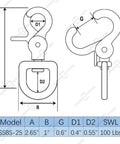 Diagram of 2.65 Inch Trigger Snap Hooks Marine Grade Stainless Steel 316 Swivel Snap Hooks with 100 lb capacity specifications.
