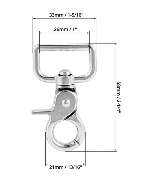 Swivel Snap Hooks 10 Pack Heavy Duty Trigger Snaps Nickel Plated Eye Closure Spring Hook with measurements for bags, leashes, gear.