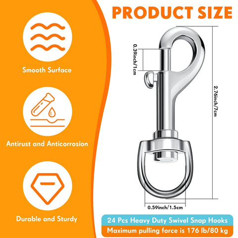 Product illustration of 24 Pcs Swivel Snap Hooks For Dog Leash Heavy Duty Two Point Seven Six Inch Flag Clasp with measurements and features.