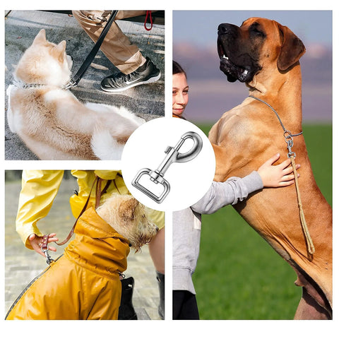 Swivel Eye Bolt Snap Hooks Set Of 4 Heavy Duty Dog Leash Clips Zinc Alloy Nickel Plated in use on different dog leashes.