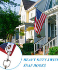 Image of 3.5 Inch Swivel Eye Bolt Snap Hook in use with American flag, showcasing zinc alloy and 360 degree swivel for outdoor applications.
