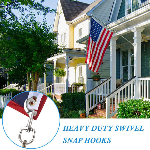 Image of 3.5 Inch Swivel Eye Bolt Snap Hook in use with American flag, showcasing zinc alloy and 360 degree swivel for outdoor applications.
